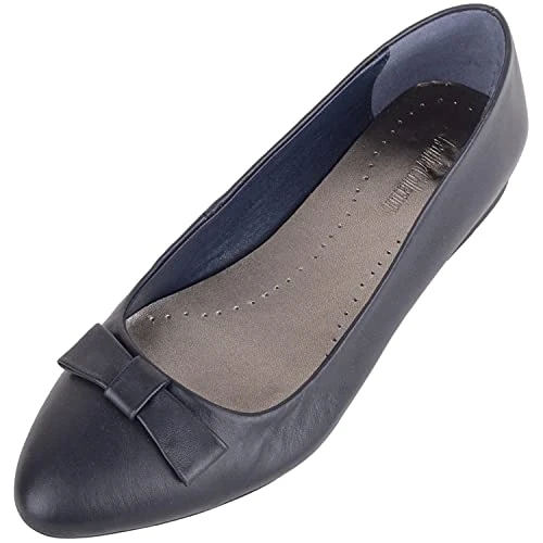 Womens Genuine Leather Slip On Formal Smart Work School Suit Ballerina Style Dolly Shoes - Navy - UK