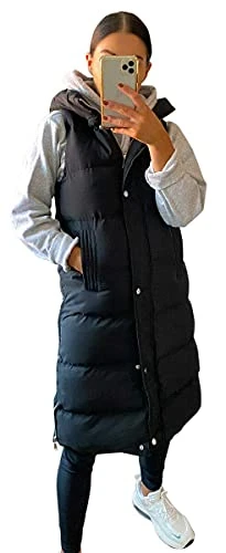 Women's Gilet Jacket Longline Hooded Quilted Winter Wear Long Coat For Women(Black Medium)