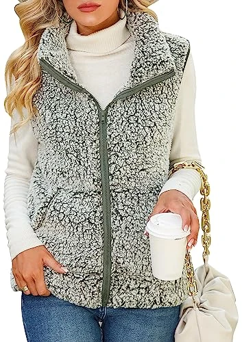 Women's Gilets Full-Zip Sherpa Fleece Jacket Gilet Casual Cozy Sleeveless Body Warmer with Pockets D