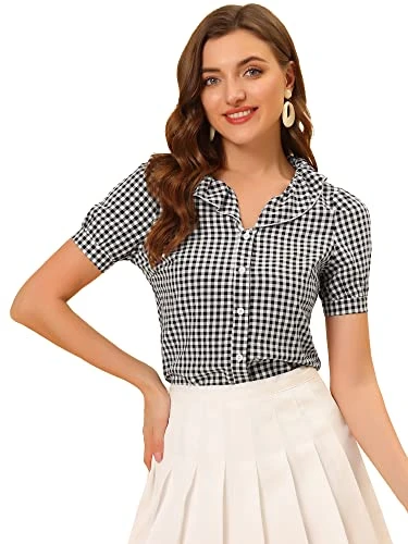 Women's Gingham Plaid Shirts, Plaid Top for Women, Ruffle Collar Blouse, Short Sleeve Checked Shirt 