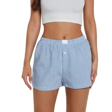 Womens Gingham Y2K Boxers Shorts Low Rise Loose Fit Pyjamas Shorts Micro Lounge Bottoms Sleepwear Shorts (Gingham Blue, M)