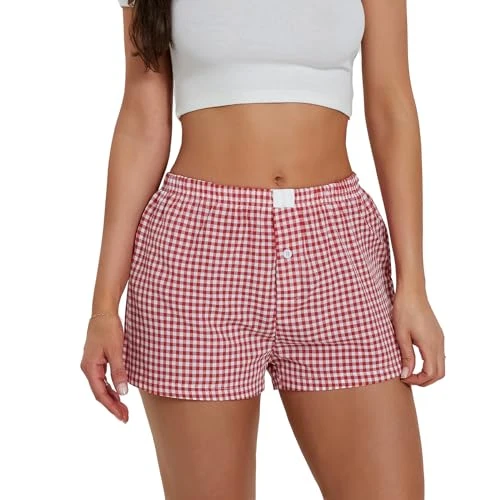 Womens Gingham Y2K Boxers Shorts Low Rise Loose Fit Pyjamas Shorts Micro Lounge Bottoms Sleepwear Shorts (Gingham Red, M)