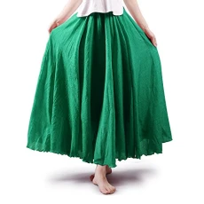 Women's Girls Elastic Waist Long Flowy Bohemian Cotton Casual Maxi Skirt for Summer Beach Holiday, Grass Green, S