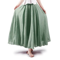 Women's Girls Elastic Waist Long Flowy Bohemian Cotton Casual Maxi Skirt for Summer Beach Holiday, Light Green, S