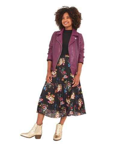 Women's Glitter Florals Plisse Pleated Maxi Skirt, Black, 10