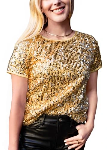 Womens Glitter Full Sequin Top Short Sleeve Round Neck Casual Sparkly Holiday Party Shirt, Gold, Med