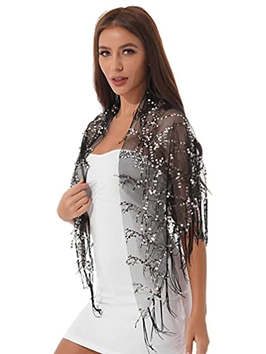 Women's Glitter Sequin Shawl Wrap Scarf Fringe Cover Up for Evening Wedding Bridal Dresses Gown Black&Silver One Size