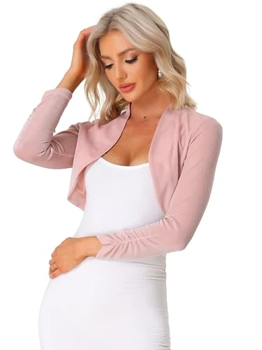 Women's Glitter Shrug Cocktail Evening Shiny Crop Cardigan Long Sleeves Sparkly Bolero Pink M