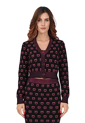 Women's Glorioso Giacca Punto Stoffa Scuba Con Bottone Metallo Cardigan Sweater, Zw1_Nero/Fuxia, XS