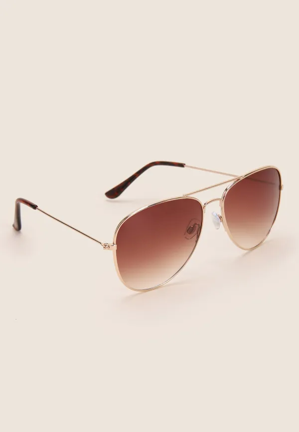Womens Gold & Brown Aviator Sunglasses