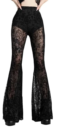 Womens Gothic Flared Velvet Trousers Black L High Waisted Bell Bottoms Mesh See Through Lace Flare Trousers for Women Holllow Out Skinny Punk Goth Pants Streetwear Halloween Leggings Transparent
