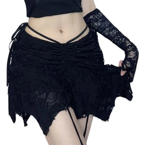 Women's Gothic Mini Skirt Short Steampunk Punk Skirt for Women UK Lace Up Ruched Skirt Black S A Line Ripped Skirt Retro Vintege Irregular Tiered Skirt Cotton Casual Streetwear Y2K Skirt Summer