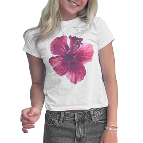 Womens Graphic Baby Tee Y2K Floral Printed Short Sleeve Slim Fitted T-Shirt Crop Top Teenager Girls 90s Cute Vintage Aesthetic Clothes (White Purple Hibiscus, S)