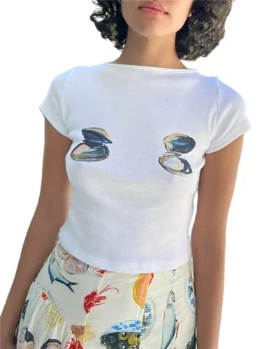 Womens Graphic Baby Tee Y2K Fruit Printed Short Sleeve Slim Fitted T-Shirt Crop Top Teenages Girls 90s Cute Vintage Aesthetic Clothes (White Clams, M)