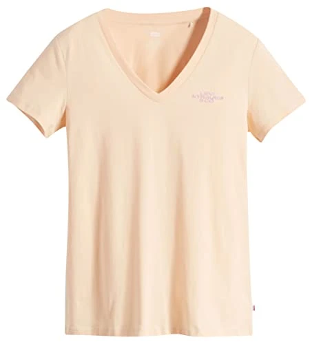 Women's Graphic Perfect V-Neck T-Shirt, Boxy Sans Logo Almond Cream, XXS