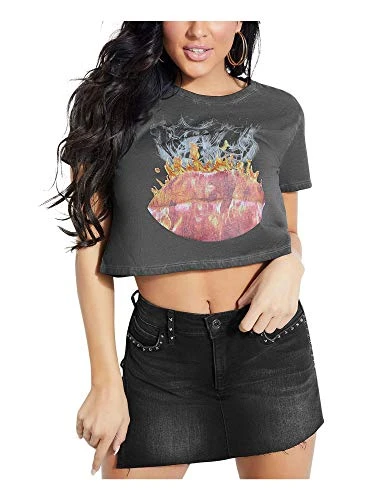 Womens Gray Printed Short Sleeve Crew Neck Crop Top Top UK Size:XL