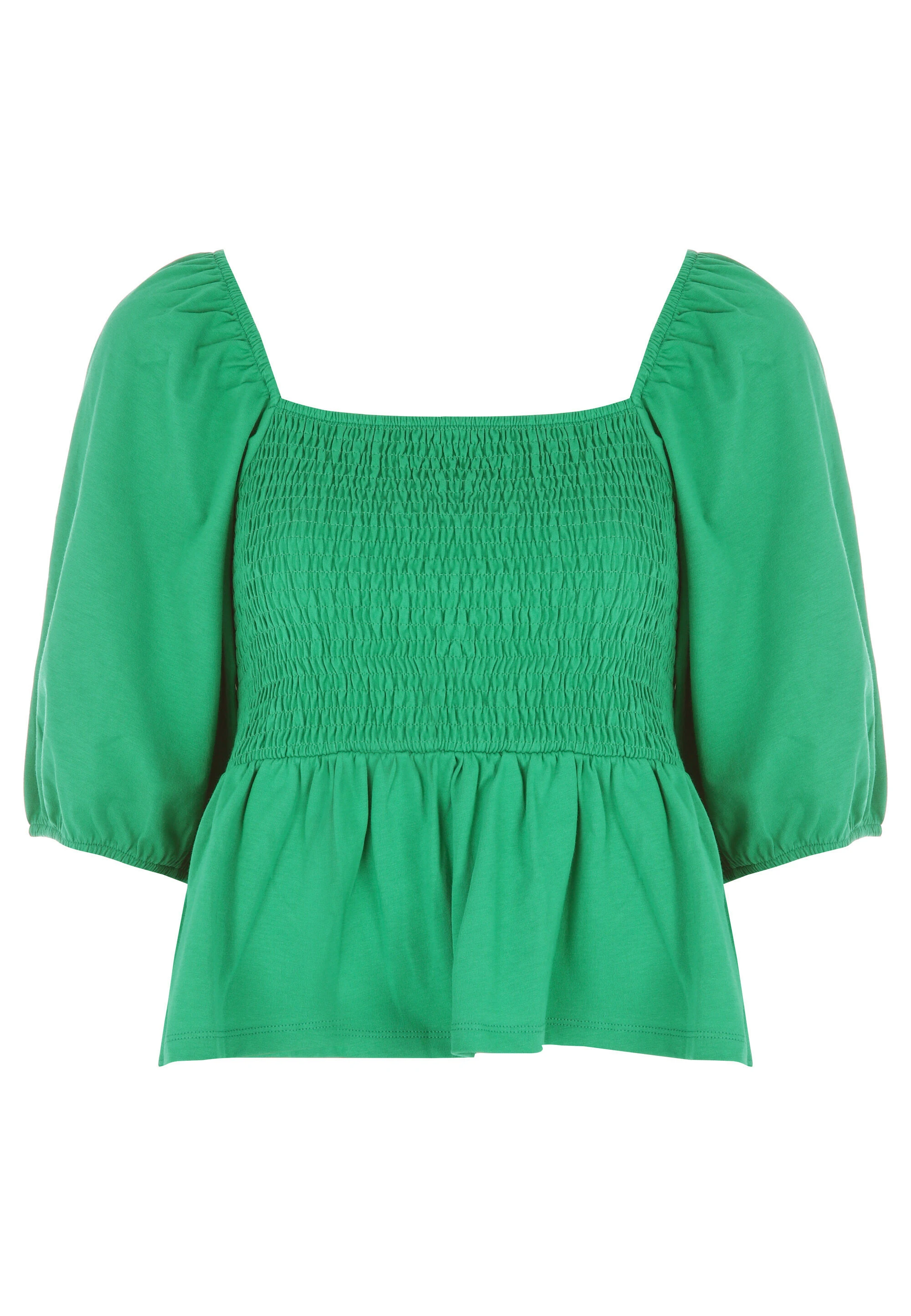 Womens Green Balloon Sleeve Smock Top