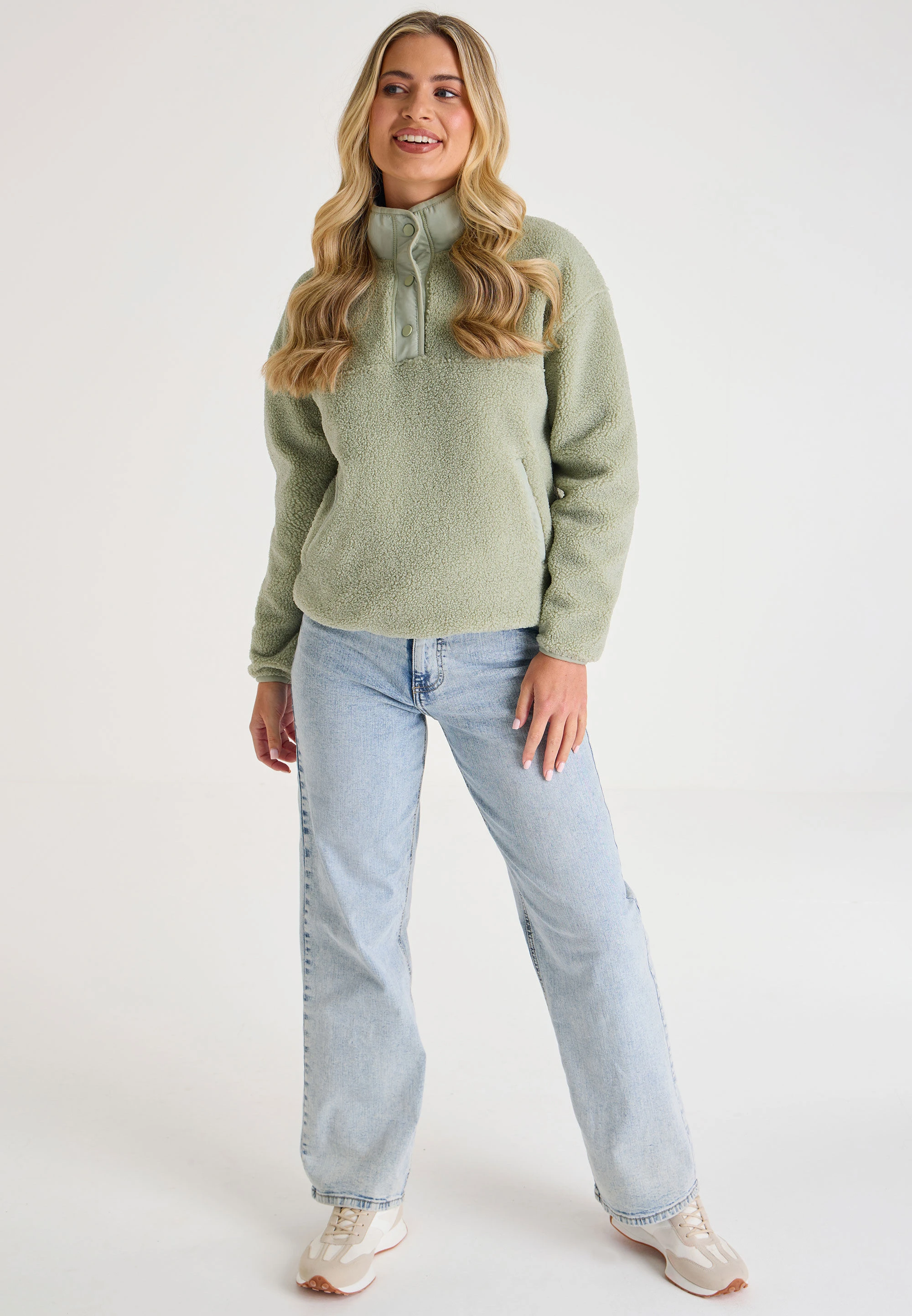 Womens Green Plain Fleece Borg Jumper