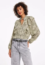 Womens Green Print V-Neck Ruffle Blouse Womens Green Print V-Neck Ruffle Blouse