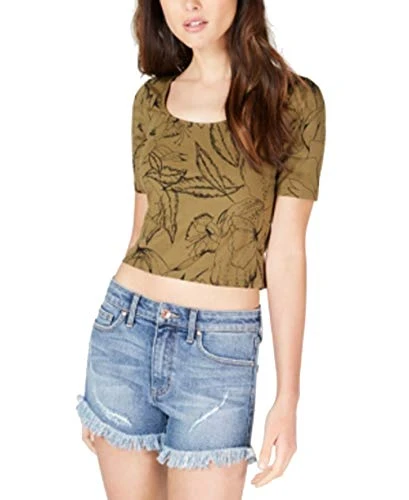 Womens Green Printed Short Sleeve Scoop Neck Crop Top Top UK Size: 8