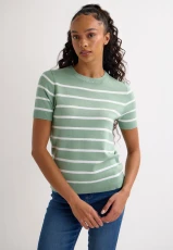 Womens Green Stripe Short Sleeve Jumper