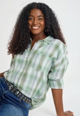 Womens Green & White Check Western Shirt Womens Green & White Check Western Shirt