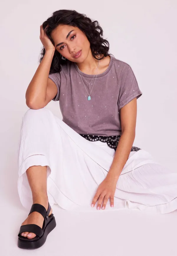 Womens Grey Acid Wash Diamante T-Shirt