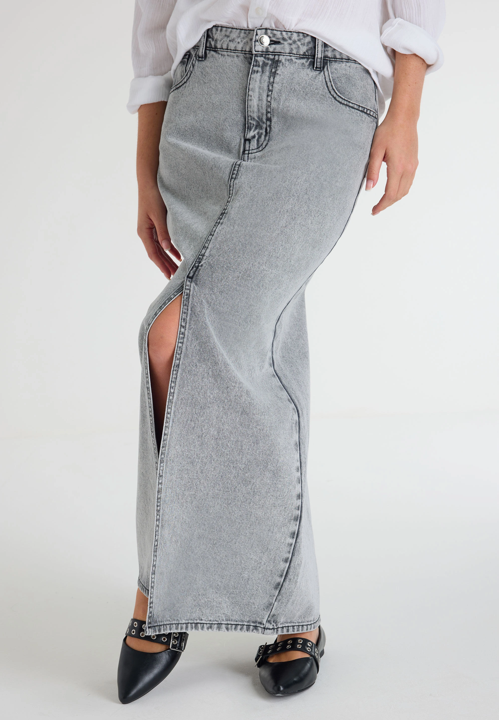 Womens Grey Denim Front Split Skirt