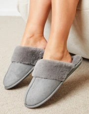 Women's Grey Faux Suede Faux Fur Lined Mule Slippers