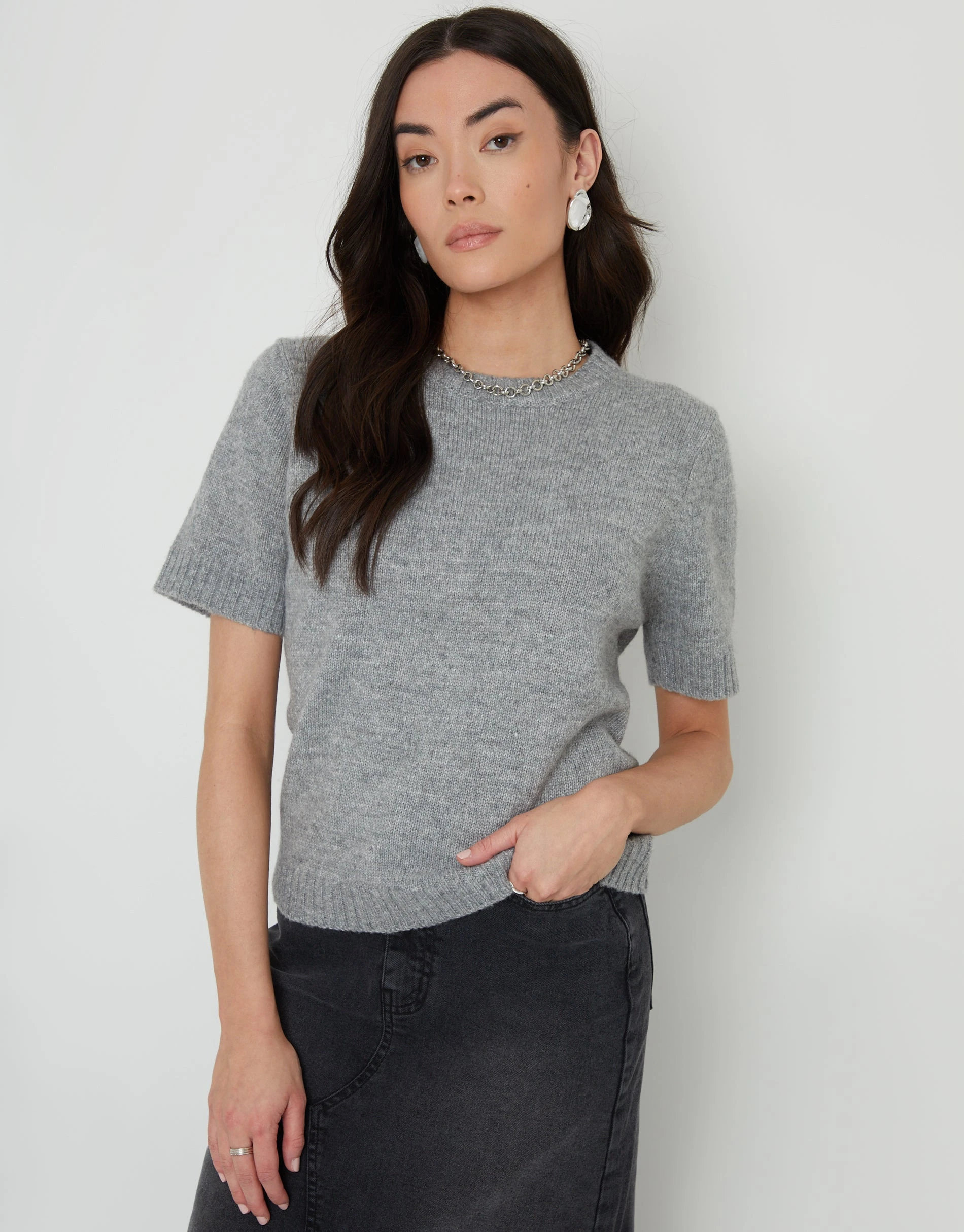 Women's Grey Knitted Short Sleeve T-Shirt