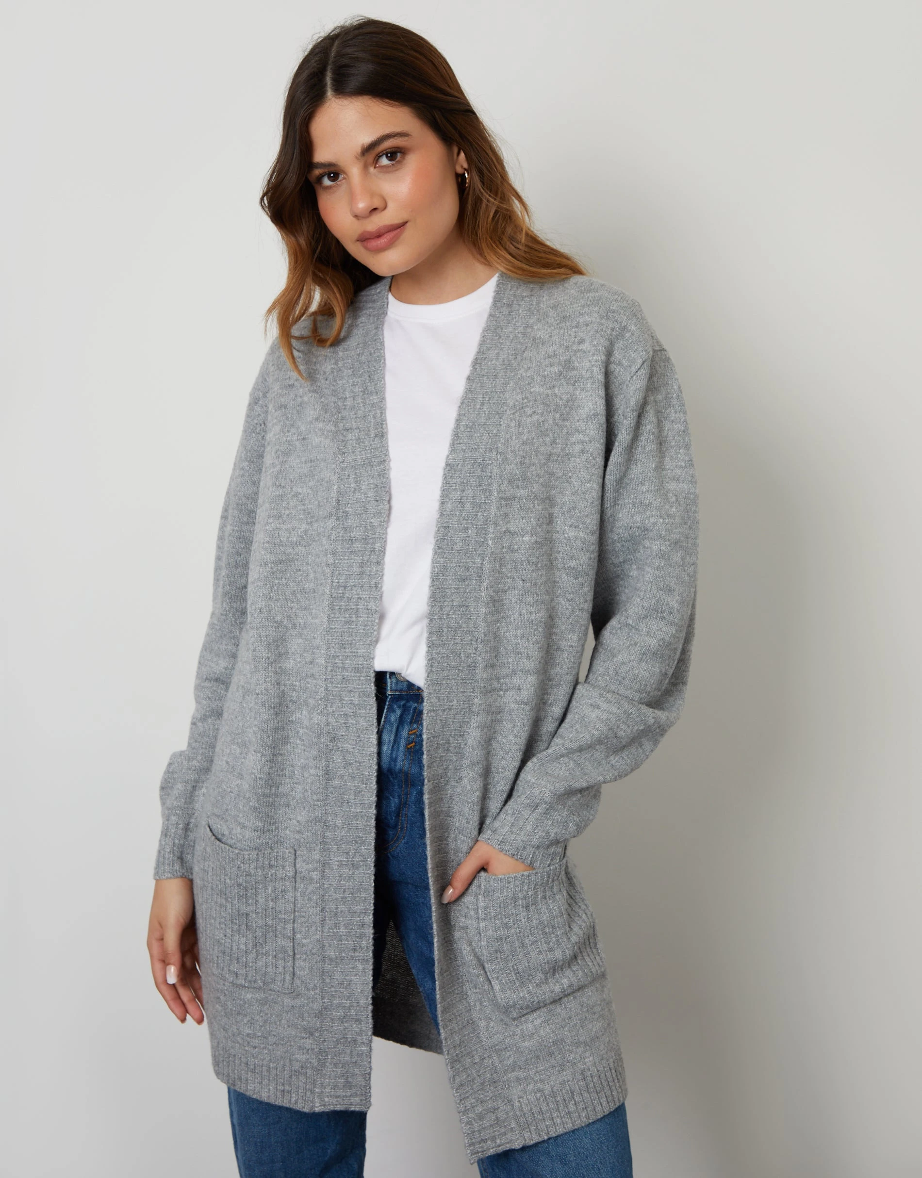 Women's Grey Longline Knitted Open Cardigan