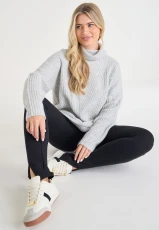 Womens Grey Plain Roll Neck Tunic Jumper