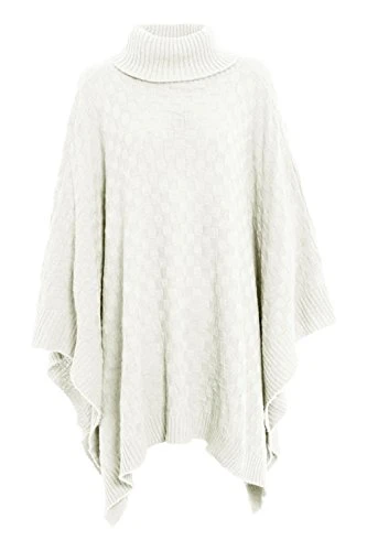 Womens Grid Knitted Knitwear Wrap Polo Neck Poncho Jumper Cape Shawl Cream