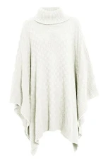 Womens Grid Knitted Knitwear Wrap Polo Neck Poncho Jumper Cape Shawl Cream