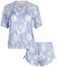 Women's Hacci Raglan Sleeve Top and Short Pajama Set, Blue Dreamy Tie Dye, Large Women's Hacci Raglan Sleeve Top and Short Pajama Set, Blue Dreamy Tie Dye, Large