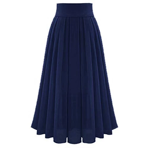 Women's Half Bodies Skirt Chiffon Elastic Hip Waist Skirt Pleat A Line Swing Skirt Long Wrap Hem Skirt Solid Color Breathable Summer Beach Leisure Loose Tunic Skirt(Navy,M)