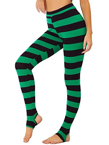 Women's Halloween Costume Leggings Printed High Waist Elastic Waistband Yoga Stirrup Pants Black Green-Stripe M