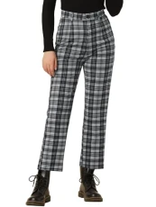 Women's Halloween Costume Work Trousers High Waist Plaid Tartan Check Button Straight Leg Casual Pants Black White M Women's Halloween Costume Work Trousers High Waist Plaid Tartan Check Button Straight Leg Casual Pants Black White M