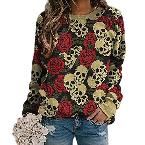 Women's Halloween Long Sleeve T-Shirts Tops Skull and Rose Print Fashion Skull Print Crew Neck Sweatshirt Blouse