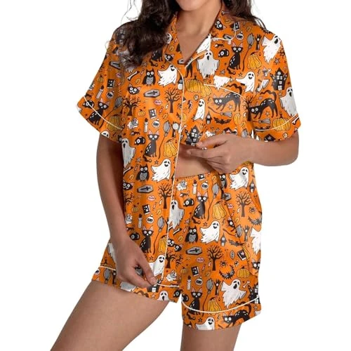 Women's Halloween Pyjamas Set Two Piece Lounge Wear Ladies Loungewear Pjs Sets Bottoms Shorts + Top Pumpkin Ghost Sleepwear Nightwear UK (A - Orange 01, S)