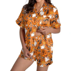 Women's Halloween Pyjamas Set Two Piece Lounge Wear Ladies Loungewear Pjs Sets Bottoms Shorts + Top Pumpkin Ghost Sleepwear Nightwear UK (A - Orange 01, S)
