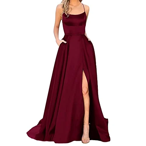 Women's Halter Prom Dresses Spaghetti Straps Backless Satin Formal Evening Gowns Long Side Spilt Par