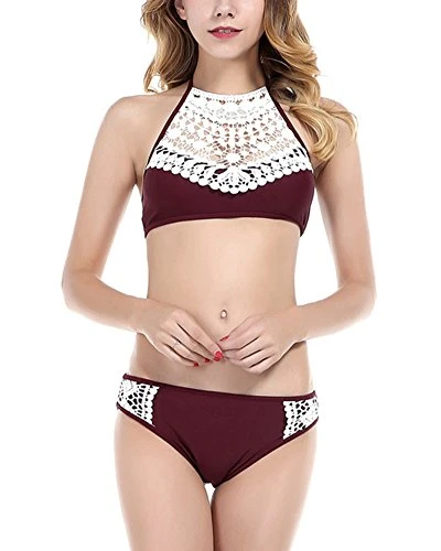Women's Halterneck Push-Up Bikini Set Lace Bathing Suit Swimwear Beachwear Swimsuit - Wine Red/XL