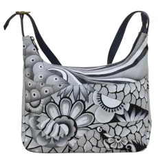 Women's Hand-Painted Leather Medium Shoulder Hobo-Patchwork Pewter, One Size