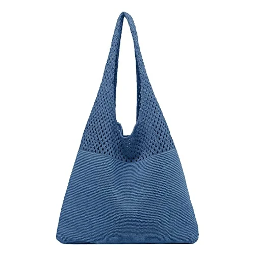 Women's Handbag, Women's Spring/Summer Retro Hollow Knitted Handheld One Shoulder Bag, Shoulder Bag, Women's Handbag, Large Shoulder Bag, Shopper Bag, Beach Bag, blue, One Size