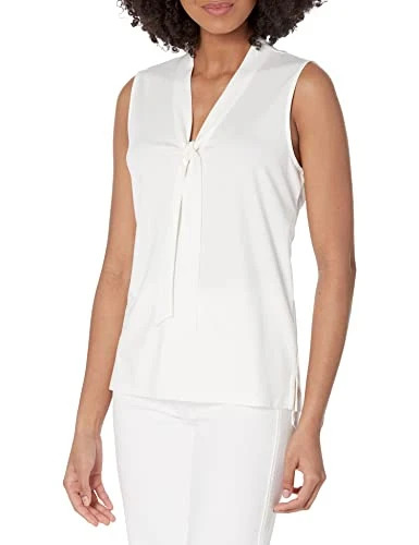 Women's Harmony Knit V-Neck Sleeveless Tie Blous Shirt, Bright White, L