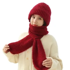 Women's Hat and Scarf Combined Set Ladies Fluffy Balaclava Knitted Hooded Scarf Integrated Ear Protection Windproof Cap Scarf 2 in 1 Cold Weather Set Winter (Red)