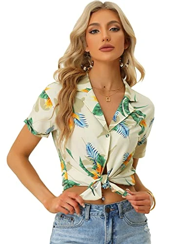 Women's Hawaiian Floral Leaves Printed Shirt Short Sleeve Button Down Vintage Beach Top Blouse Beige