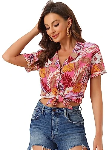 Women's Hawaiian Shirt Floral Leaves Printed Short Sleeve Top Button Down Shirt, Bright Pink, XL