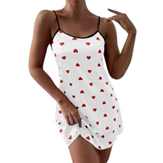 Women's Heart Print Salad Trim Satin Underwear Sleepwear Hooded Mini Women Sexy Nightdress Lace Nightdress Valentine's Day Lingerie Red, White, M